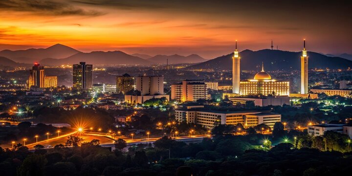 Minimalist Abuja cityscape at night, a dark silhouette against the black sky.