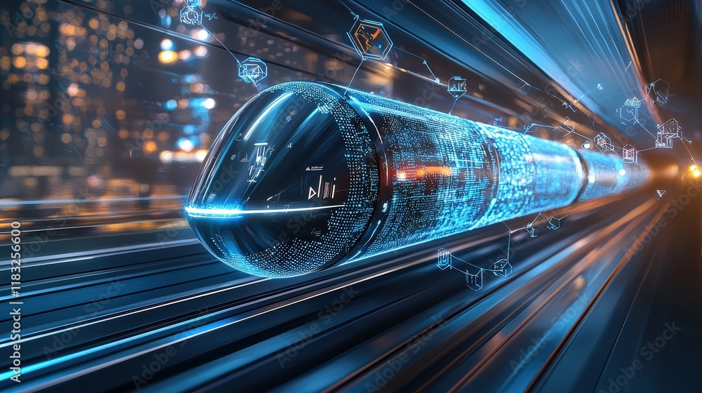 Poster design a conceptual image of a hyperloop train zooming through a tunnel under a city