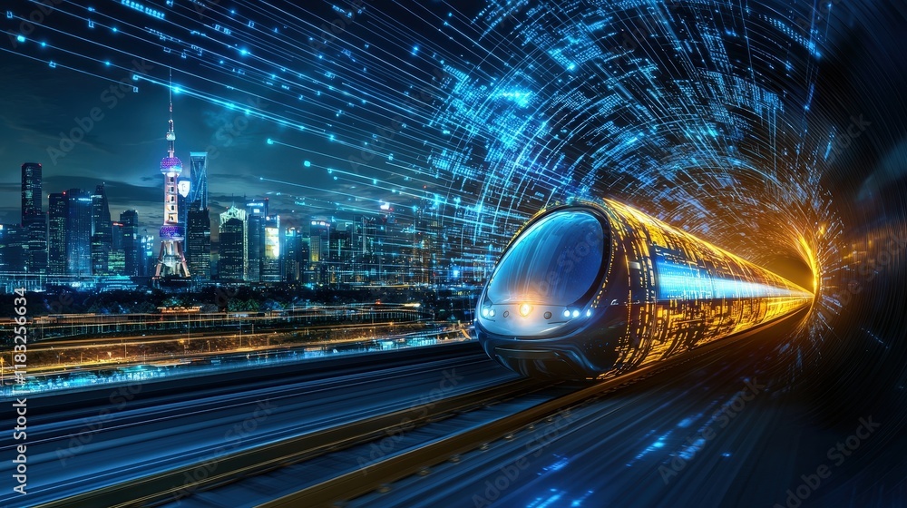 Poster design a conceptual image of a hyperloop train zooming through a tunnel under a city