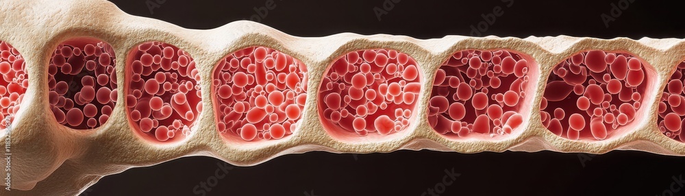 Poster a close-up view of bone structure showcasing trabecular pattern and red marrow, highlighting the int