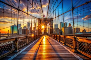 Fototapeta premium NYC's iconic Brooklyn Bridge ablaze in sunset hues, a March 2021 photographic memory.