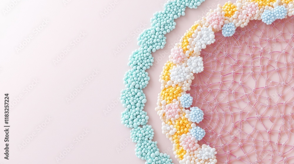 Poster colorful, decorative beads arranged in a circular pattern on a soft background, creating a visually 
