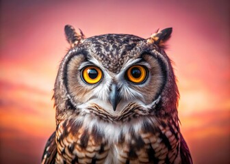 Obraz premium Pink background highlights a smoky-eyed owl's captivating gaze in this close-up wildlife photograph.