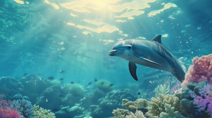 Underwater Scene Featuring a Playful Dolphin Swimming Amidst Colorful Coral Reefs and Sunlight Filtering Through Clear Ocean Water