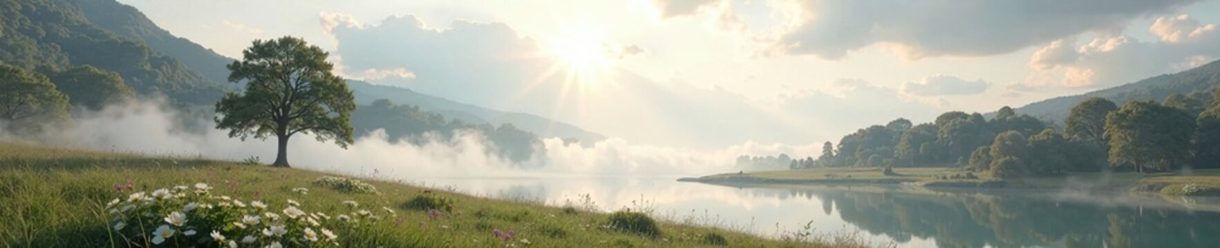 Softly falls a white nuage de paix over a serene landscape with a rameau d olivier crossing through it, croix, faith