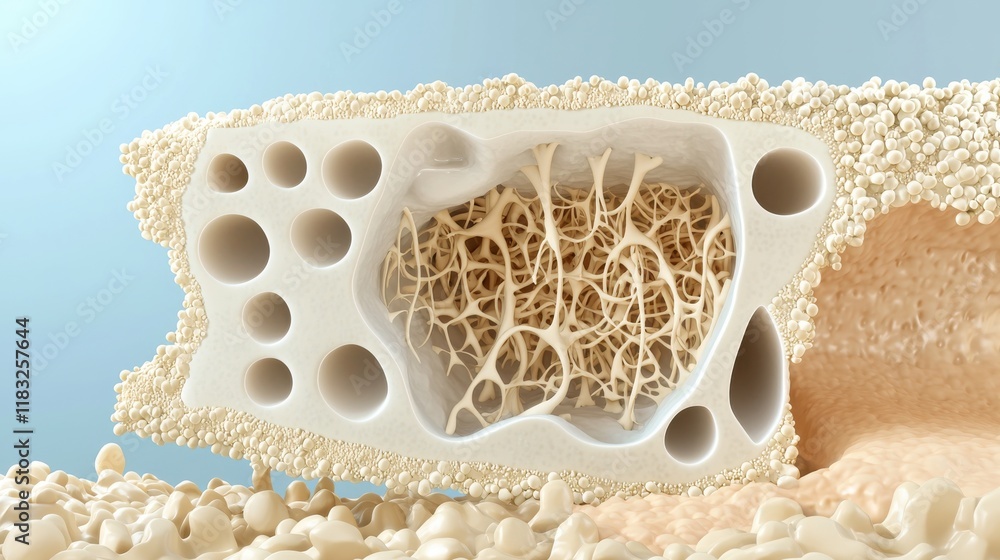 Poster a microscopic view of a porous structure showcasing intricate networks and cavities, highlighting th