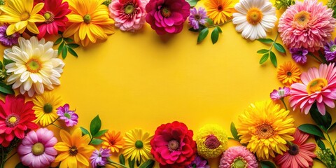 Obraz premium Minimalist floral frame, vibrant yellow backdrop, trendy flower border, ample text space, aesthetic photo.