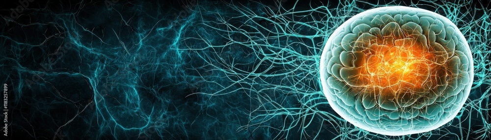 Poster a vibrant illustration of a glowing cell with intricate neural connections, representing the complex