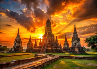 Fototapeta premium Silhouetted against the sunset, Chaiwatthanaram Temple in Ayutthaya offers a captivating photographic portrait.