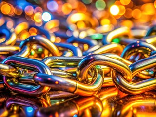 Shiny metal chain links, macro photography with bokeh, showcasing textured jewelry detail.