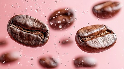 Roasted coffee beans falling through water droplets on pink background.