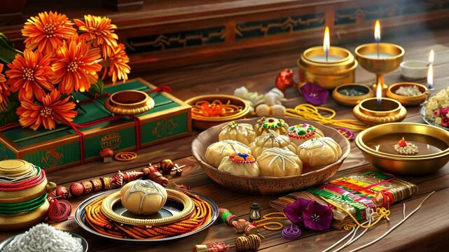 A rakhi with vibrant colors, sweets like laddoos and barfis, and diya lamps set for Raksha Bandhan on wood.