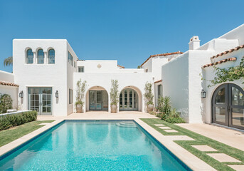 Modern minimalist Spanish-style mansion with a pool, modern architecture design