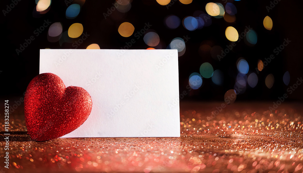 Aufkleber a glittery red heart rests beside a blank card on a sparkling surface, creating a romantic atmospher
