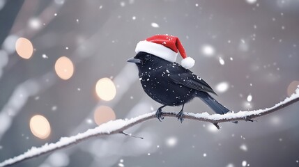 Festive black bird wearing Santa hat on snow-covered branch.