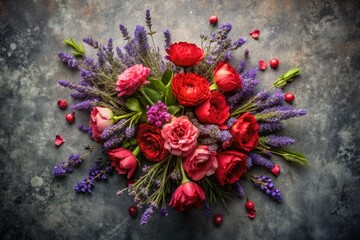 Overhead shot: a vibrant lavender bouquet, pink and red blooms pop against a gray backdrop.