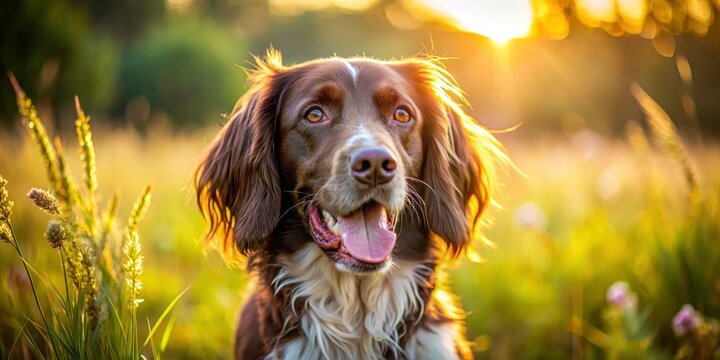 Summer bokeh portrait: a brown Munsterlander stands proudly in a sunlit field, its coat glowing.