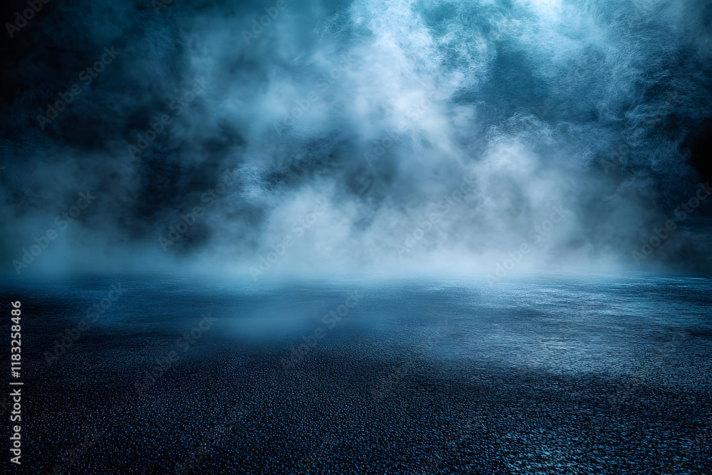 Poster studio room's concrete floor and dark blue asphalt background create a moody atmosphere, with smoke 