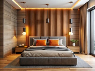 Modern Bedroom Interior: Gray Bed, Orange Pillows, Vertical Striped Wall