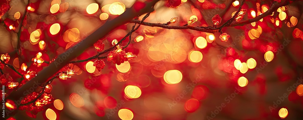 Poster chinese new year lighting idea. a close-up of red lights reflecting on branches, creating a dreamy, 