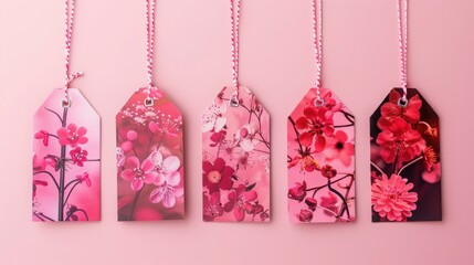 Collection of Pink Floral Gift Tags with Vibrant Blossoms Hanging on a Light Pink Background for Creative and Artistic Projects