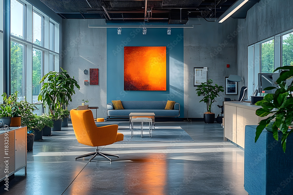 Poster stock photo features a modern open space office with a color scheme of gray and blue, adorned with a