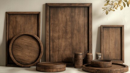 Rustic wooden frames and containers cozy interior setting decorative art display warm atmosphere