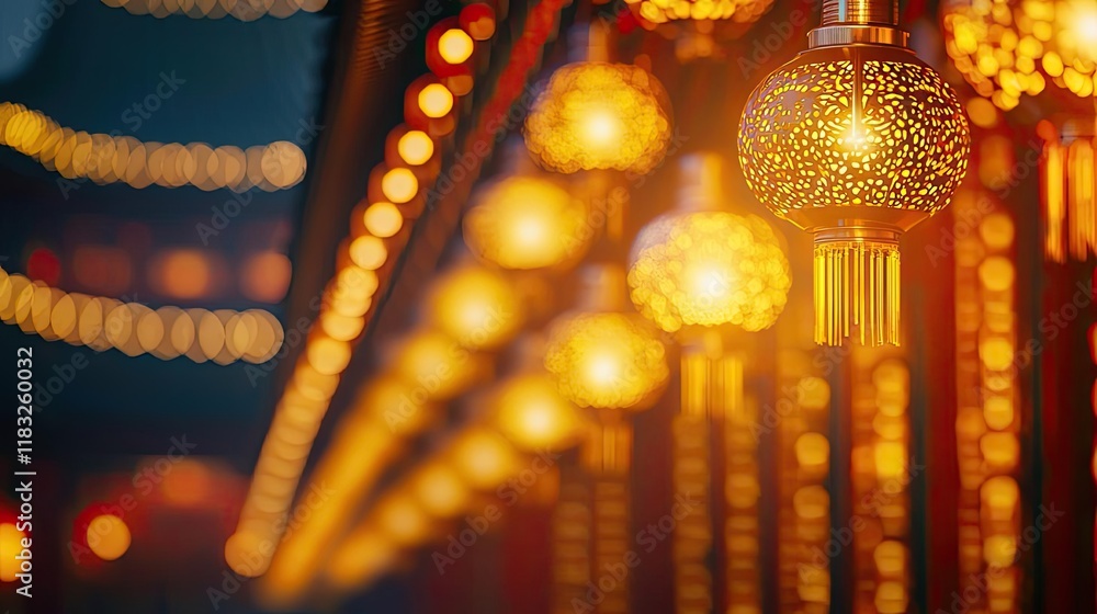 Poster chinese new year lighting idea. beautiful decorative lanterns glowing warmly in a festive setting, c