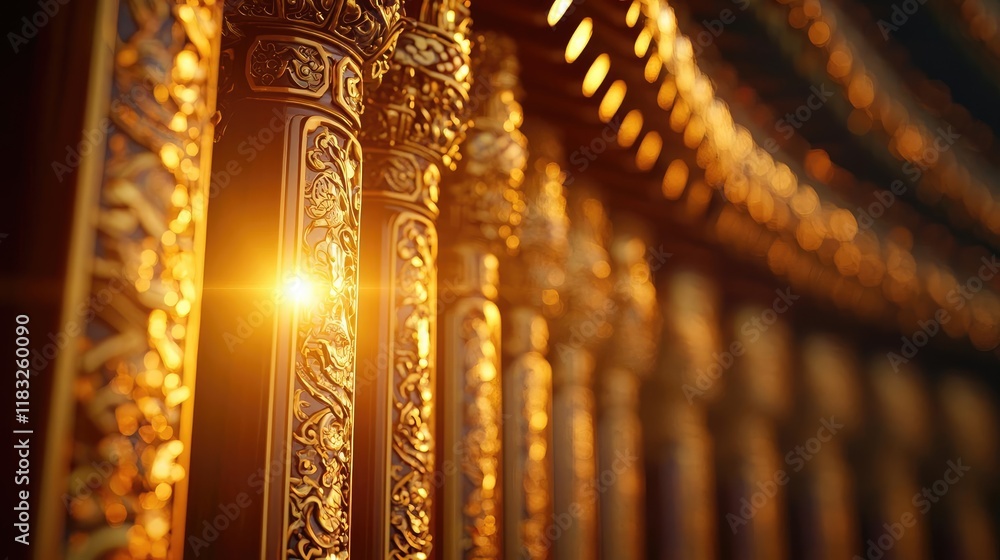 Poster chinese new year lighting idea. intricate golden columns illuminated by warm sunlight in an elegant 