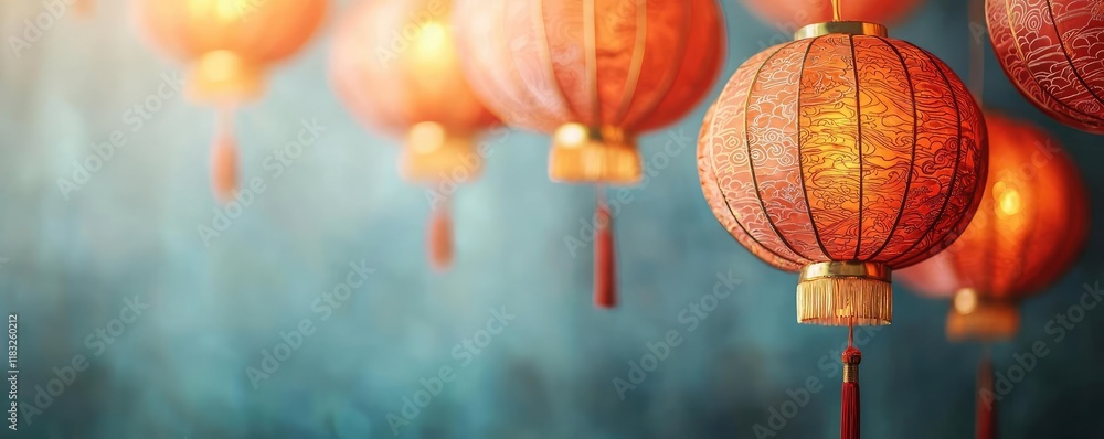 Aufkleber Chinese new year lighting idea. Beautiful red lanterns adorned with intricate patterns, creating a warm ambiance.