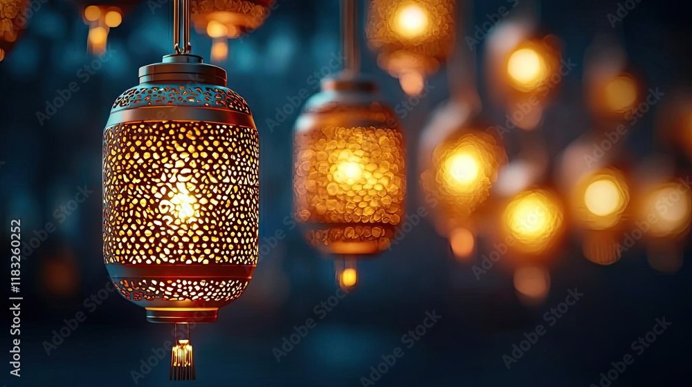 Poster chinese new year lighting idea. colorful lanterns illuminated against a soft blue backdrop, creating
