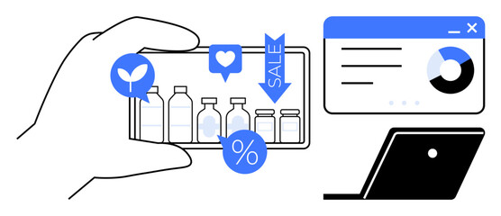Hand holding a smartphone displaying product bottles and discount icons, alongside a laptop with an analytics dashboard. Ideal for e-commerce, sales, digital marketing, online shopping, mobile
