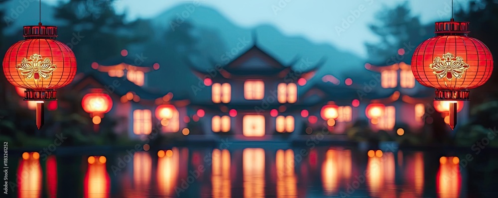 Poster chinese new year lighting idea. a serene landscape featuring illuminated lanterns near a tranquil wa