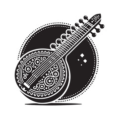 Sitar Silhouette Vector Illustration, Solid White Background.