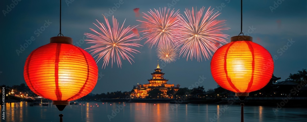 Aufkleber chinese new year fireworks concept. colorful lanterns illuminated against a night sky with fireworks