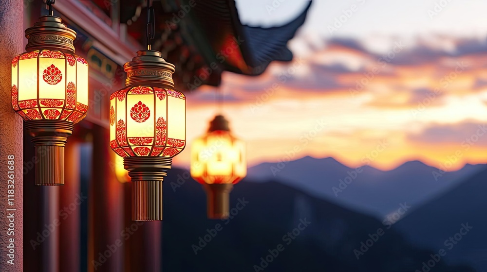 Poster chinese new year lighting idea. beautifully illuminated lanterns at sunset, creating a serene atmosp