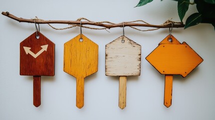 Wooden directional signs rustic home decor indoor setting neutral background creative design