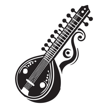 Sitar Silhouette Vector Illustration, Solid White Background.
