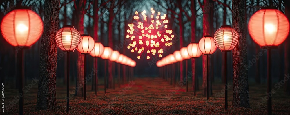 Poster Chinese new year fireworks concept. A serene path illuminated by glowing red lanterns, creating a magical atmosphere.