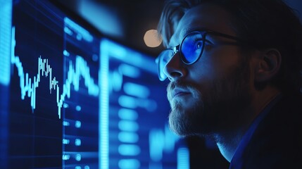 Focused man analyzing financial data on large screens.