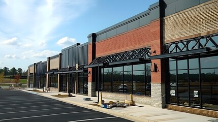 Naklejka premium Modern European shop exterior with sleek architectural design, neutral tones, and abundant copy space, highlighted by natural light and a clean, minimalistic aesthetic