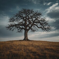 Capture a lone tree standing in the middle of a vast plain.