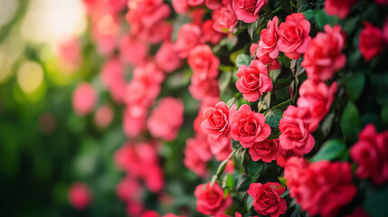 Fototapeta premium Vibrant red roses blooming in a lush green garden during sunlight hours