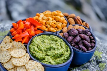 Vegan charcuterie board with healthy snacks, dips and fresh vegetables.