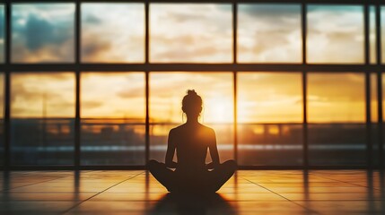Fototapeta premium Silhouetted figure sitting alone by a large window, framed by warm sunset light and a softly blurred bokeh background, evoking solitude, introspection, and peaceful contemplation