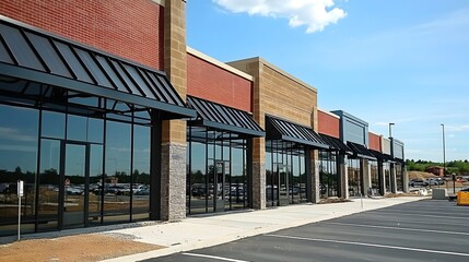 Obraz premium Modern European shop exterior with sleek architectural design, neutral tones, and abundant copy space, highlighted by natural light and a clean, minimalistic aesthetic