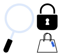 Magnifying glass symbolizing search and research, padlock for security and privacy, shopping bag with sale tag for online shopping and commerce. Ideal for e-commerce, online security, consumer