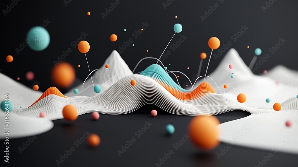 Poster Captivating 3D rendered scene featuring a mesmerizing arrangement of pastel colored dots and flowing line patterns generating a wave like effect across a mountainous landscape backdrop