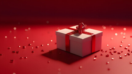 Gift box and scattered red hearts on red background, Valentine's Day background
