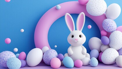 A cute white bunny surrounded by colorful Easter eggs on a vibrant blue background.